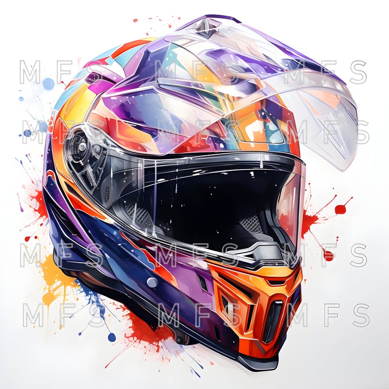 20 Vibrant Watercolor Motorcycle Helmet Clipart for Digital Design