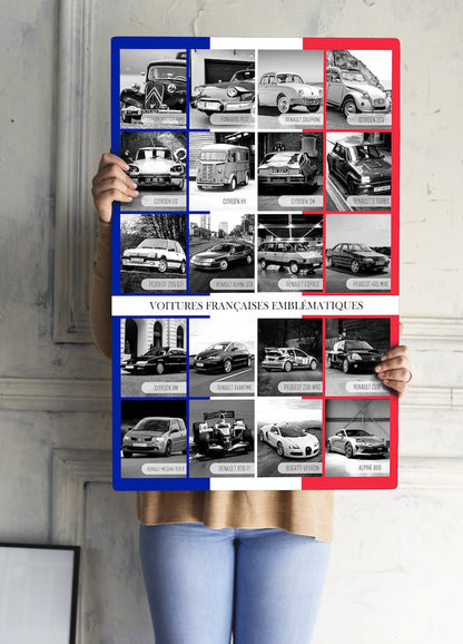 Iconic French Car Poster 2024: Vintage Collage of Renault, Peugeot, Alpine, Citroen