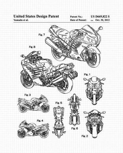 Vintage Motorcycle Blueprint Wall Art