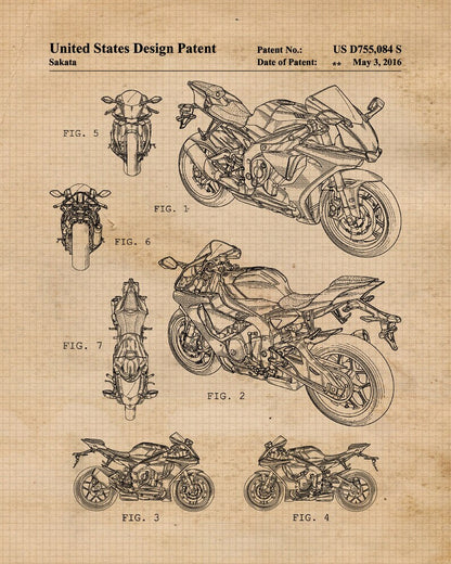 Vintage Motorcycle Blueprint Wall Art