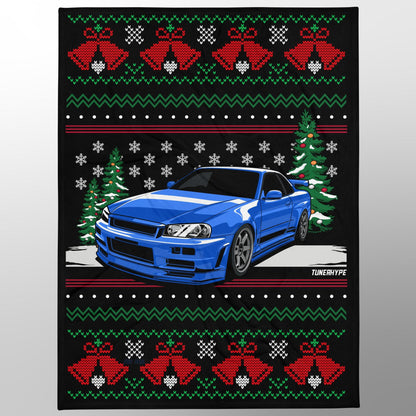 Coperta Natalizia Brutta - Nissan Skyline R34 GTR - Maglione Natalizio Brutto, Regalo per Appassionati di Auto, Regalo Natalizio Divertente, Maglione Natalizio Brutto