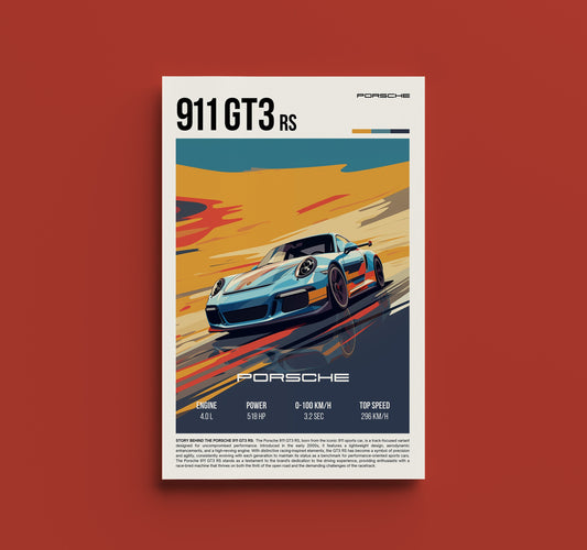 Retro Porsche 911 GT3 RS Automotive Print - Vintage Sports Car Poster, Performance Enthusiast Decor, Garage Wall Art