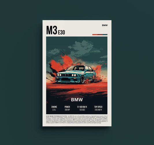 Poster Auto d'Epoca BMW E30 - Stampa d'Arte Classica Vintage, Decorazione da Parete Nostalgica per Appassionati di Auto, Arte da Garage