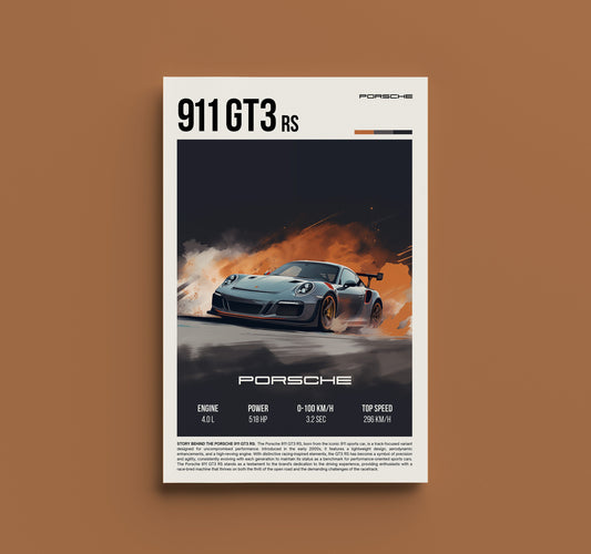 Poster Auto d'Epoca Porsche 911 GT3 RS - Stampa d'Arte Sportiva Retro, Decor per Appassionati di Alte Prestazioni, Regalo per Garage, Fan della Porsche