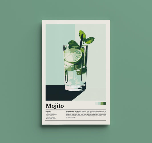 Poster Cocktail Mojito - Decor Vintage Bar | Arte Retro Mojito | Decor Cucina MCM | Regalo di San Valentino | Regalo per gli Amanti del Mojito | Stampa Minimalista