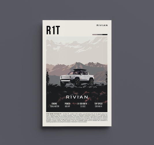 Poster Vintage Rivian R1T - Stampa Artistica di un Camion Elettrico per Avventure per Decorazione Garage e Regalo per Appassionati, Regalo per Amanti delle Auto, EV Car